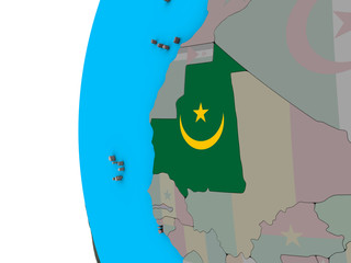 Mauritania with national flag on blue political 3D globe.
