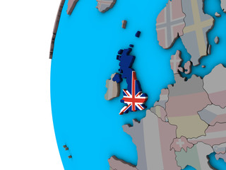 United Kingdom with national flag on blue political 3D globe.