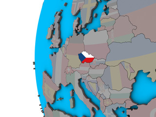 Czech republic with national flag on blue political 3D globe.
