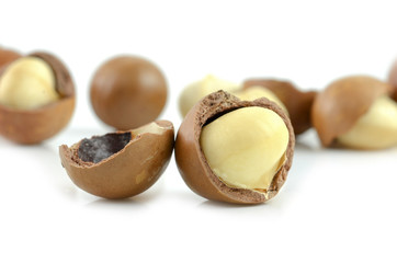 Macadamia nuts on white background.
