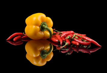 Yellow and red pepper with reflection on black background