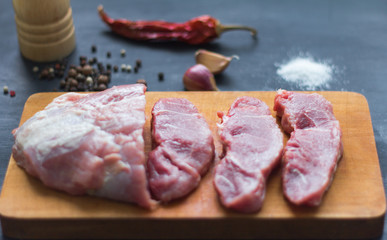 fresh meat with spices on the chopping Board for chops