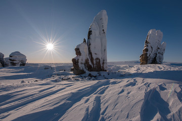 Ostantsy - an isolated array of rock, remaining after the destruction of the unstable part: the formation, weathering, rock remnants. Yakutia. Russia