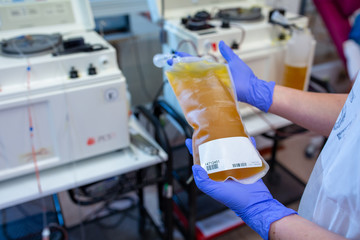 Nurse holding a plasma bag in a modern hospital transfusion unit