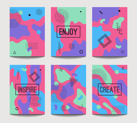 Vector abstract fun A4 brochure cover templates with modern liquid splashes of geometric shapes, lines and dots in trendy memphis style.
