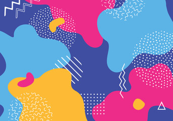 Vector abstract pop art pattern background with lines and dots. Modern liquid splashes of geometric shapes in trendy memphis style