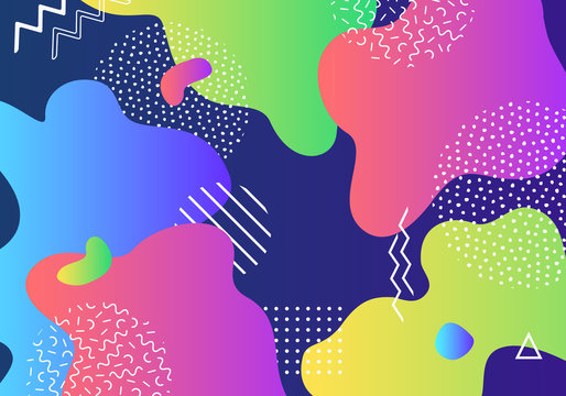 Vector abstract pop art pattern background with lines and dots. Modern liquid splashes of geometric shapes in trendy memphis style