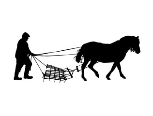 Silhouette of country man plowing by horse.