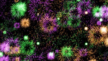 CG animated background with bright fireworks exploding in the night sky on holiday