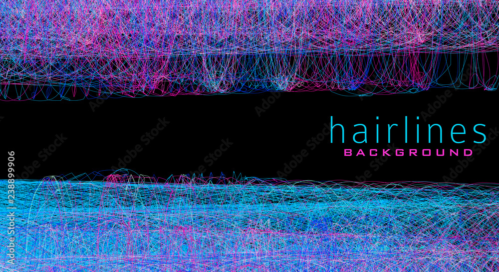 Poster Abstract hairlines background with thin multicolor lines on black background. Complicated vector graphic pattern