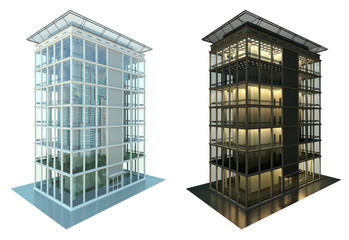 Seven floor modern building with large windows. Day and night view. 3d illustration