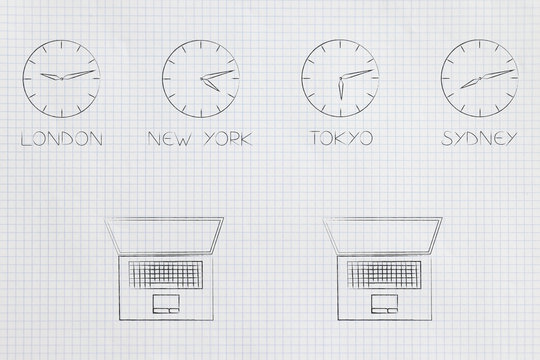laptops and clocks with different time zones above