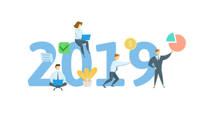 Banner concept for new year 2019. Concept with keywords, letters and icons. Colored flat vector illustration. Isolated on white background.