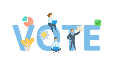 Vote banner with people. Concept with keywords, letters, and icons. Colored flat vector illustration. Isolated on white background.