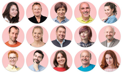 Fototapeta Collection of circle avatar of people. Young and senior men and women faces on pink color. Positive human emotion. Concept of divercity and individuality in modern community. obraz