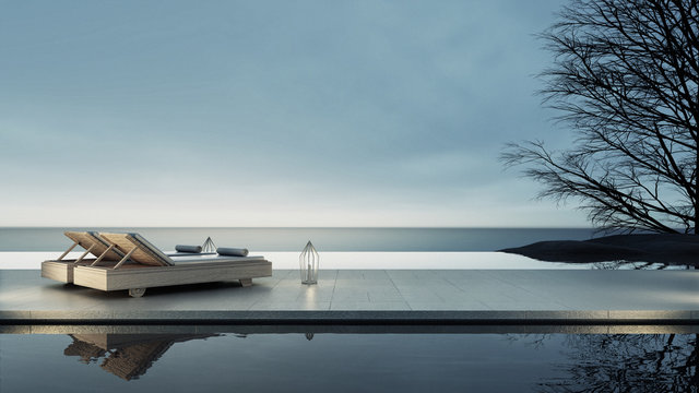 Beach lounge - Sun lounger on Sea view for vacation and summer / 3d render interior