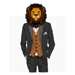 Illustration of lion  hipster dressed up in jacket, pants and sweater. Vector illustration