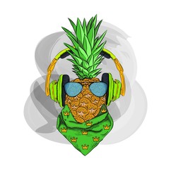  A pineapple in headphones against  and glasses . Can be used for printing on T-shirts, flyers, etc. Vector illustration