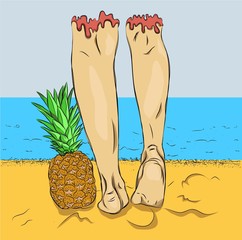 Relaxation and Leisure in summer - Tanned legs of young woman standing with pineapple at tropical beach in summer. vintage color tone effect. Vector illustration.