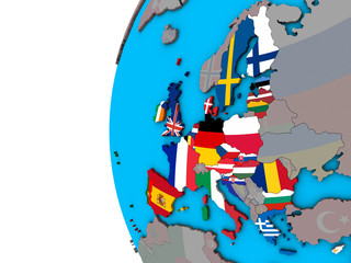 European Union with national flags on blue political 3D globe.