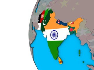SAARC memeber states with national flags on blue political 3D globe.