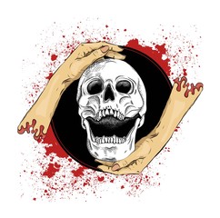 Illustration hands and skull  on grunge background with blots. Abstract drawing. Can be used for printing on T-shirts, flyers and stuff. Vector illustration.