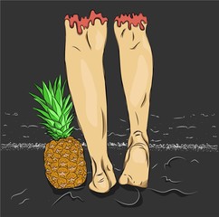 Relaxation and Leisure in summer - Tanned legs of young woman standing with pineapple at tropical beach in summer. vintage color tone effect. Vector illustration.