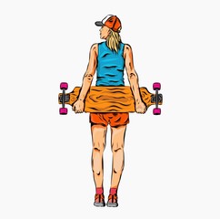 Girl with skateboard in hands. Can be used for printing on T-shirts, flyers, etc.  Vector illustration