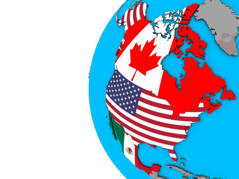 NAFTA memeber states with national flags on blue political 3D globe.