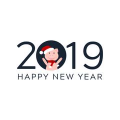 Vector Illustration. 2019 card with pig. Cartoon pink piglet in red santa's hat and scarf. Happy New Year poster