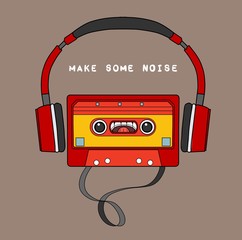 Compact Cassette and headphones. Hipster style and fashion concept, Can be used for printing on T-shirts, flyers and stuff. Vector illustration.