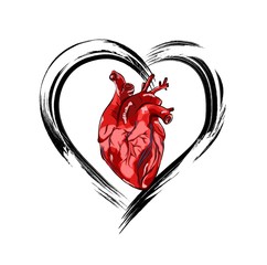 Illustration heart image on grunge background with blots. Abstract drawing. Can be used for printing on T-shirts, flyers and stuff. Vector illustration.