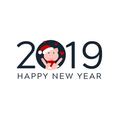 Vector Illustration. 2019 card with pig. Cartoon pink piglet in red santa's hat and scarf with red hearts. Happy New Year poster