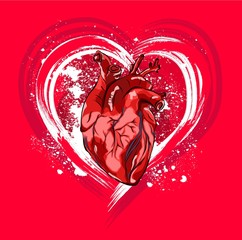 Illustration heart image on grunge background with blots. Abstract drawing. Can be used for printing on T-shirts, flyers and stuff. Vector illustration.