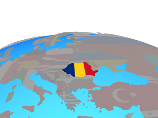 Romania with national flag on political globe.