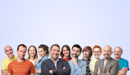 Horizontal collage of people faces smiling or laughing with copyspace. Be happy together. Body...