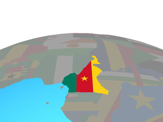 Cameroon with national flag on political globe.