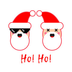Two Santa Claus, one in pixel glasses, and the inscription Ho-Ho! Poster about merry Christmas. A Fun Winter. Can be used for wallpaper, textile, invitation card, wrapping, web page background.