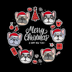 Card French and American Bulldog Puppy in Merry Christmas santa hats. Frame lettering. Vector Illustration dog hand drawn stickers