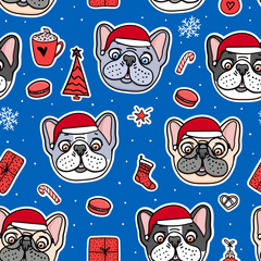 French bulldog puppies hand drawn characters. Seamless pattern Dogs in Christmas red hats. Vector Illustration holiday design.