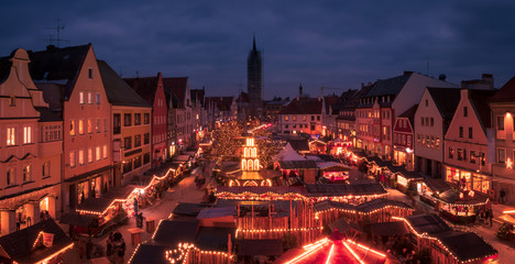 view from top of a building to the entire Christmas Market in Pfaffenhofen Germany with red light...
