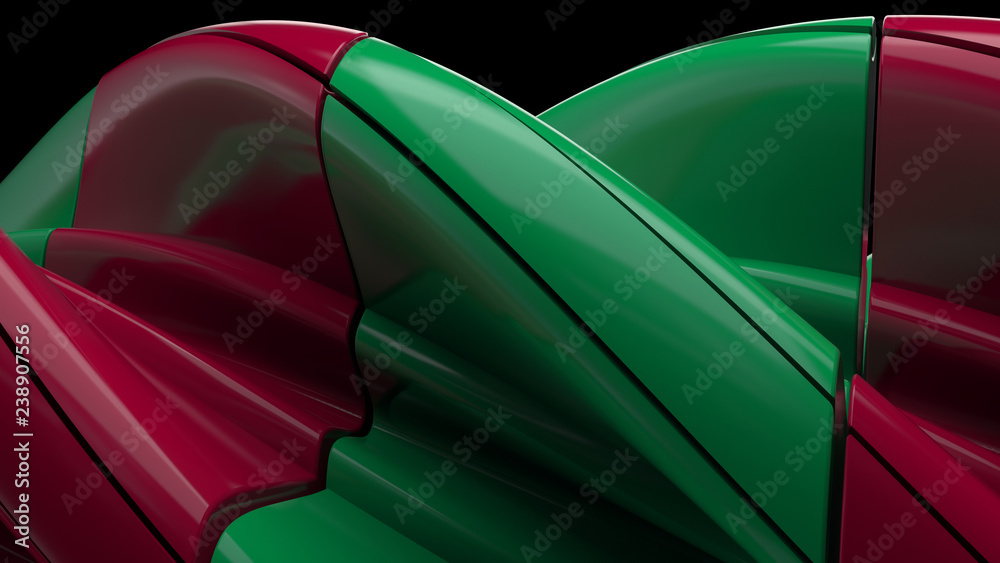 Poster 3d rendered abstract background. twisted reflective geometry. compex twisted segmented structure wit