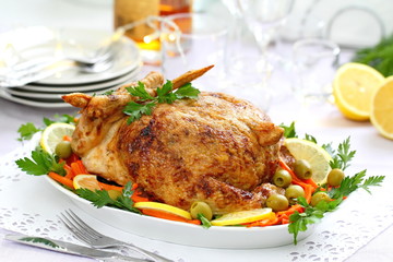 Celebratory food. Baked chicken stuffed with ham and mushrums for festive dinner