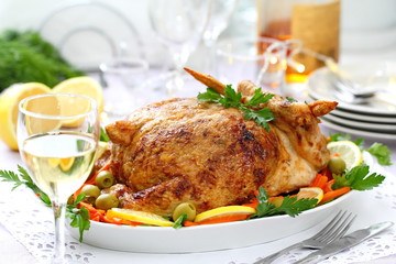 Celebratory food. Baked chicken stuffed with ham and mushrums for festive dinner