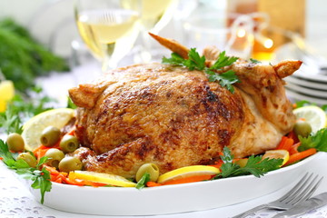 Celebratory food. Baked chicken stuffed with ham and mushrums for festive dinner