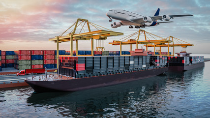 Plane trucks are flying towards the destination with the brightest. 3d rendering and illustration.