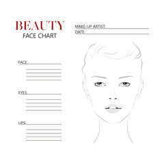 Beauty face chart. Beautiful woman with open eyes. Face chart Makeup Artist Blank Template. Vector illustration.