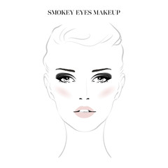 Beautiful woman face with smokey eyes make-up and nude lips hand drawn vector illustration. Stylish original graphics portrait with young girl model. Fashion, style, beauty. Graphic, sketch drawing.