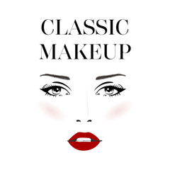 Beautiful woman face with classic make-up and red lips hand drawn vector illustration. Stylish original graphics portrait with young girl model. Fashion, style, beauty. Graphic, sketch drawing.