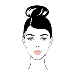 illustration of women bun hair style icon, logo women face on white background, vector. icon beauty woman with luxurious cute bun hairstyle. Idea for card typography vector.